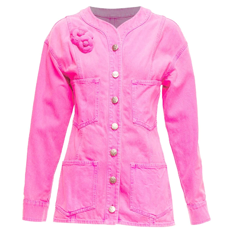 Chanel Neon Pink Cotton Denim CC Logo Camellia Embellished Jacket Zippered Jacket Buttoned Jacket Snapped Jacket