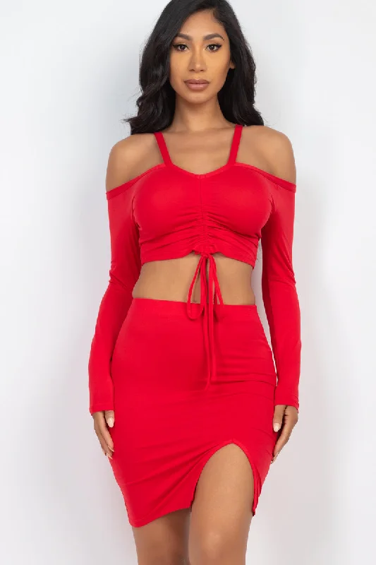 Drawstring Ruched Off Shoulder Crop Top & Side Slit Mini Skirt Ensemble Satin Blend Silk Blend Wool Blend