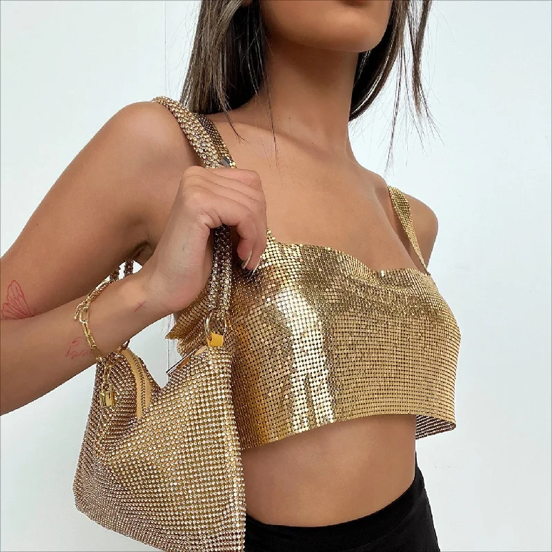 SHIHAN Gold color metal crop top New Sexy Tops Metal Sequin Chain metallic Top Sleeveless Customizable chain vest Mesh Blend Leather Blend Suede Blend