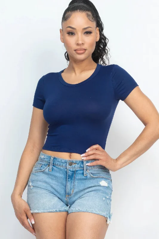 Short Sleeve Roundneck Crop Top Cashmere Blend Cotton Blend Poly Blend