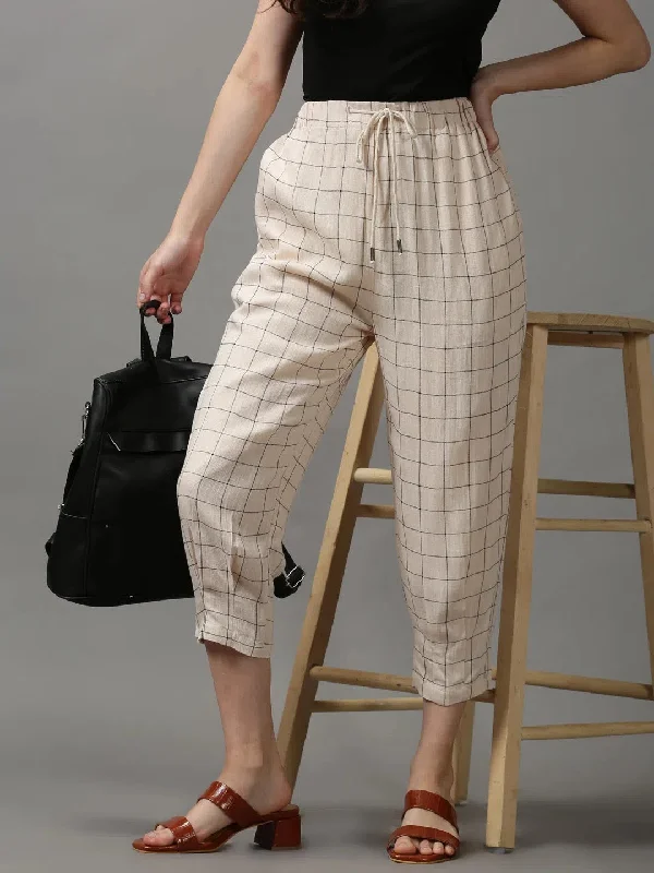 Women's Cream Checked Trouser-AE-10407-Cream Trousers Wedding White