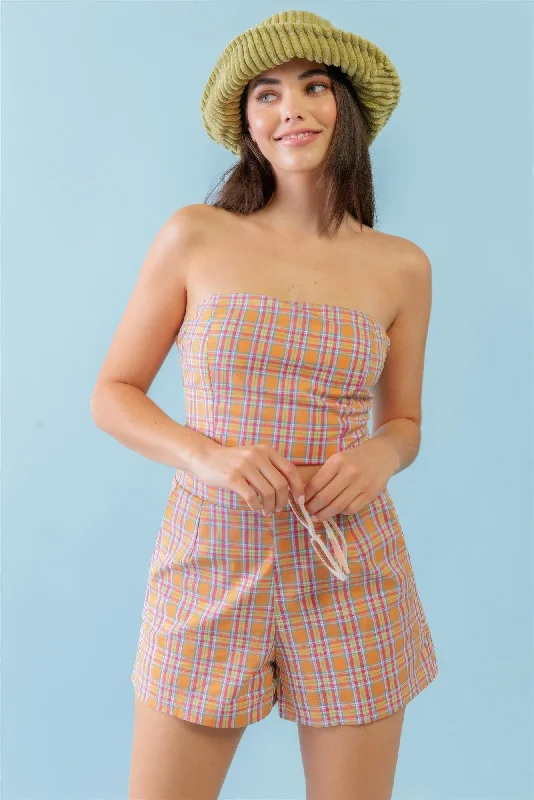 Orange & Aqua Plaid Print Cotton Strapless Crop Top & High Waist Two Pocket Shorts Set Anti-Shrink Durable Soft