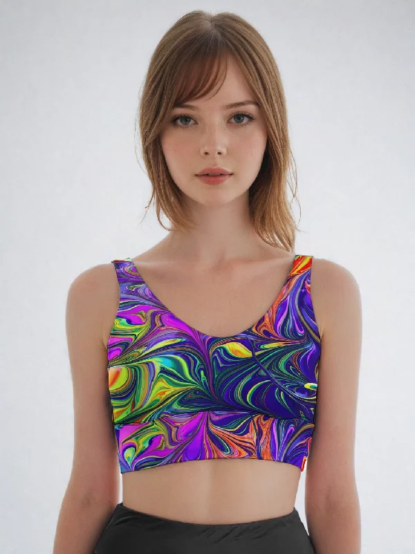 Rave Drip Sports Crop Top Asymmetrical Pockets Print