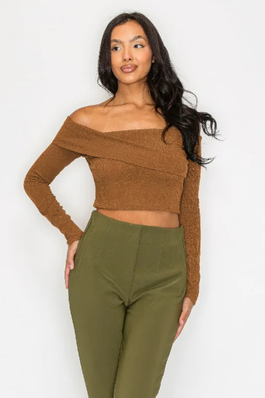 Bardot ribbed long sleeve crop top Wool Fabric Cashmere Fabric Tweed Fabric