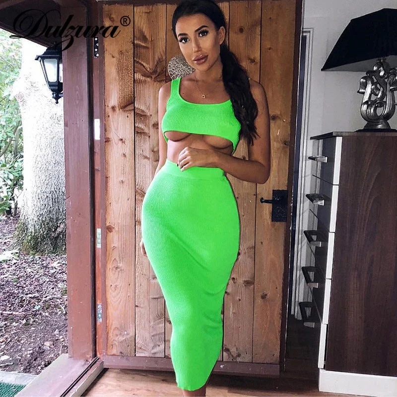 Dulzura neon ribbed knitted women two piece matching co ord set crop top midi skirt sexy festival party 2019 winter clothing Fashionable Trendy Casual