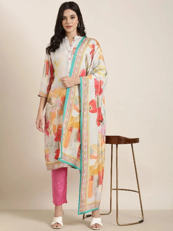 Women Straight Grey Floral Kurta and Trousers Set Comes With Dupatta-DW-4697-Grey Trousers luxurious premium