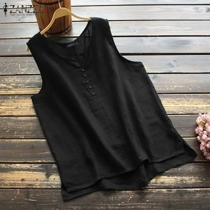 Vintage Cotton Blouse ZANZEA Summer Tanks Tops Women Sleeveless Solid Shirt Casual Loose Split Hem Blusas Tunic Mujer 3XL S3168904 fitted tank top