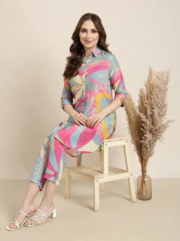 Women Multicolor Printed Tunic & Trousers Set-DW-5527-Multi Trousers Satin Smooth