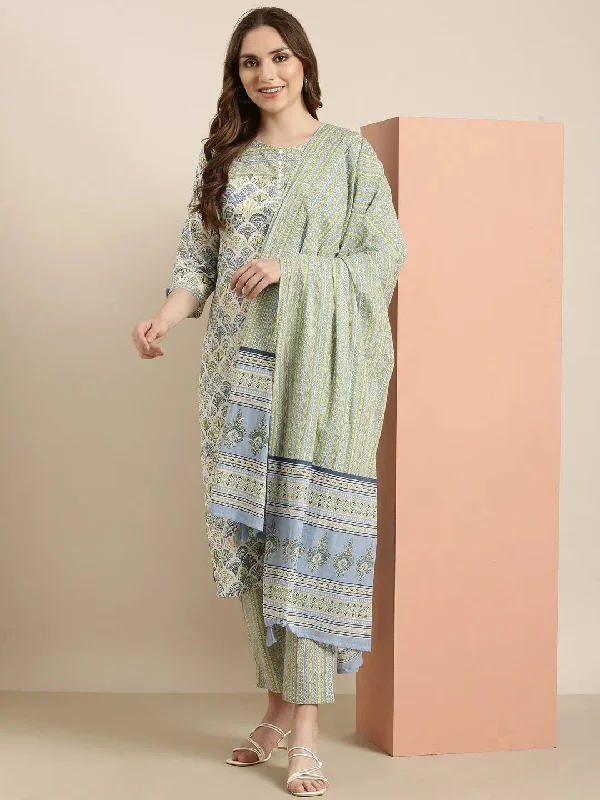 Women Straight Green Floral Kurta and Trousers Set Comes With Dupatta-AT-A1219-KPD-Green Trousers Cargo pockets