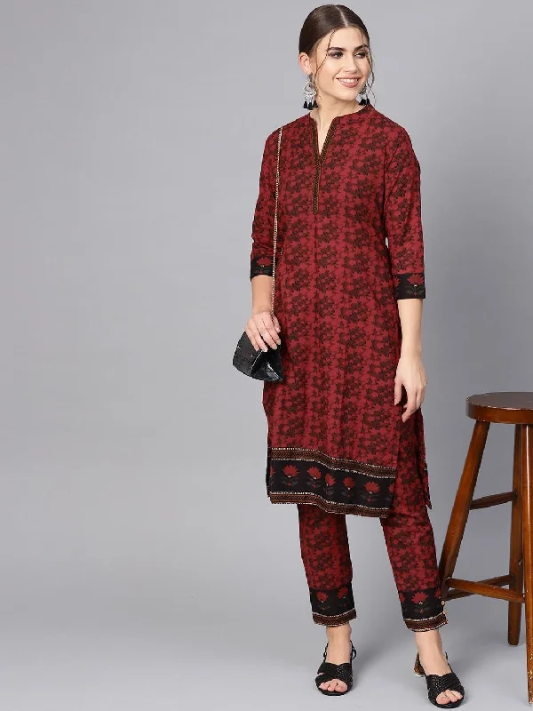 Women's  Maroon & Black Printed Kurta with Trousers - AKS Cropped Trousers Casual Linen