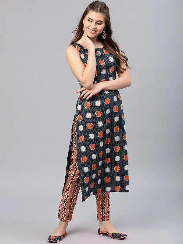 Women's  Navy Blue & Orange Printed Kurta with Trousers - AKS Skinny Trousers Denim Stretchy