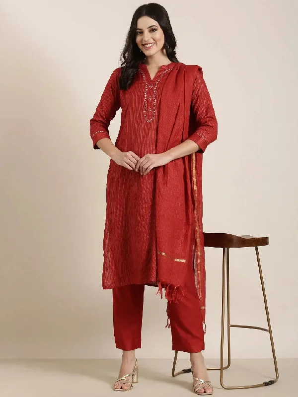 Women Straight Red Striped Kurta and Trousers Set Comes With Dupatta-SS-457-Red Trousers sophisticated sleek