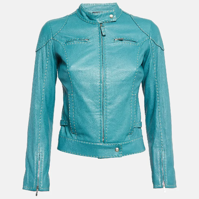 Fendi Selleria Green Leather Zip-Up Vintage Jacket Snapped Jacket Toggled Jacket Drawstring Jacket