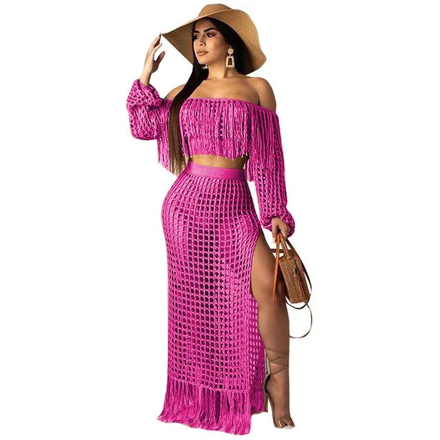 Sexy Magenta Pink Crop Top & Maxi Skirt Coverup Set Collared Crew Neck Turtle Neck