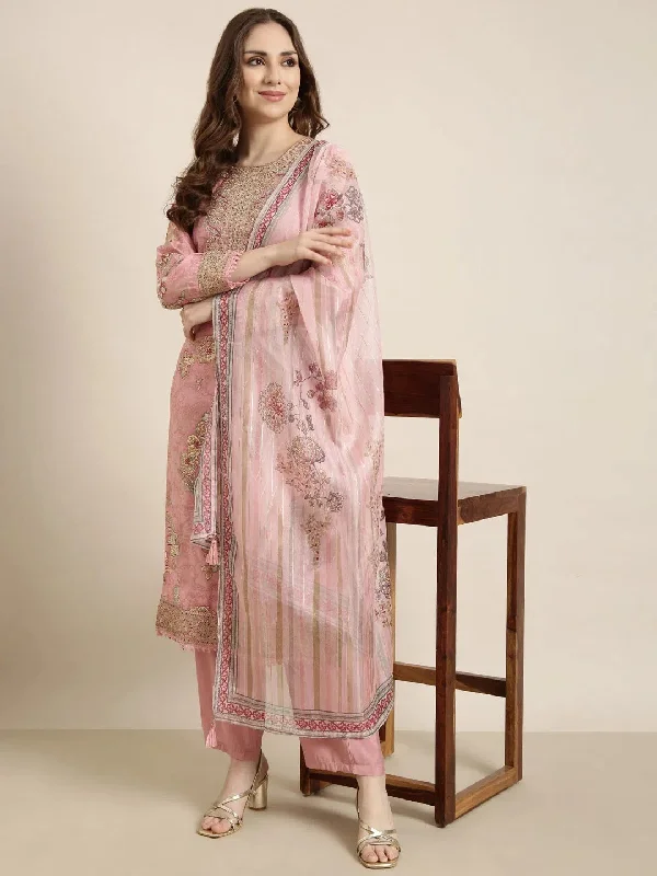 Women Straight Pink Floral Kurta and Trousers Set Comes With Dupatta-GW-4651-Pink Trousers chic elegant