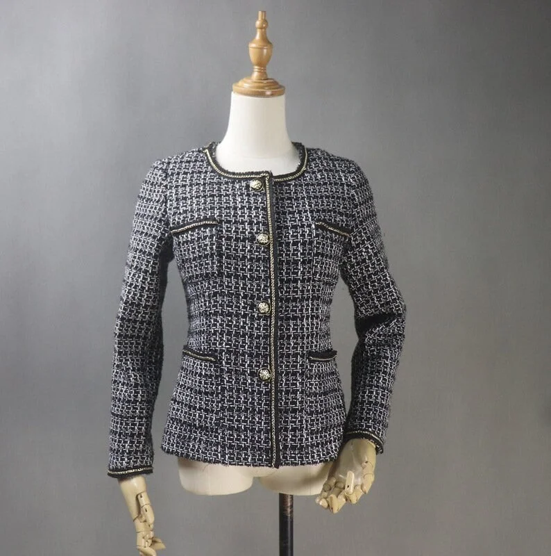 Women's CUSTOM MADE Black / White Pattern Jacket Coat Blazer Wool Jacket Cashmere Jacket Tweed Jacket