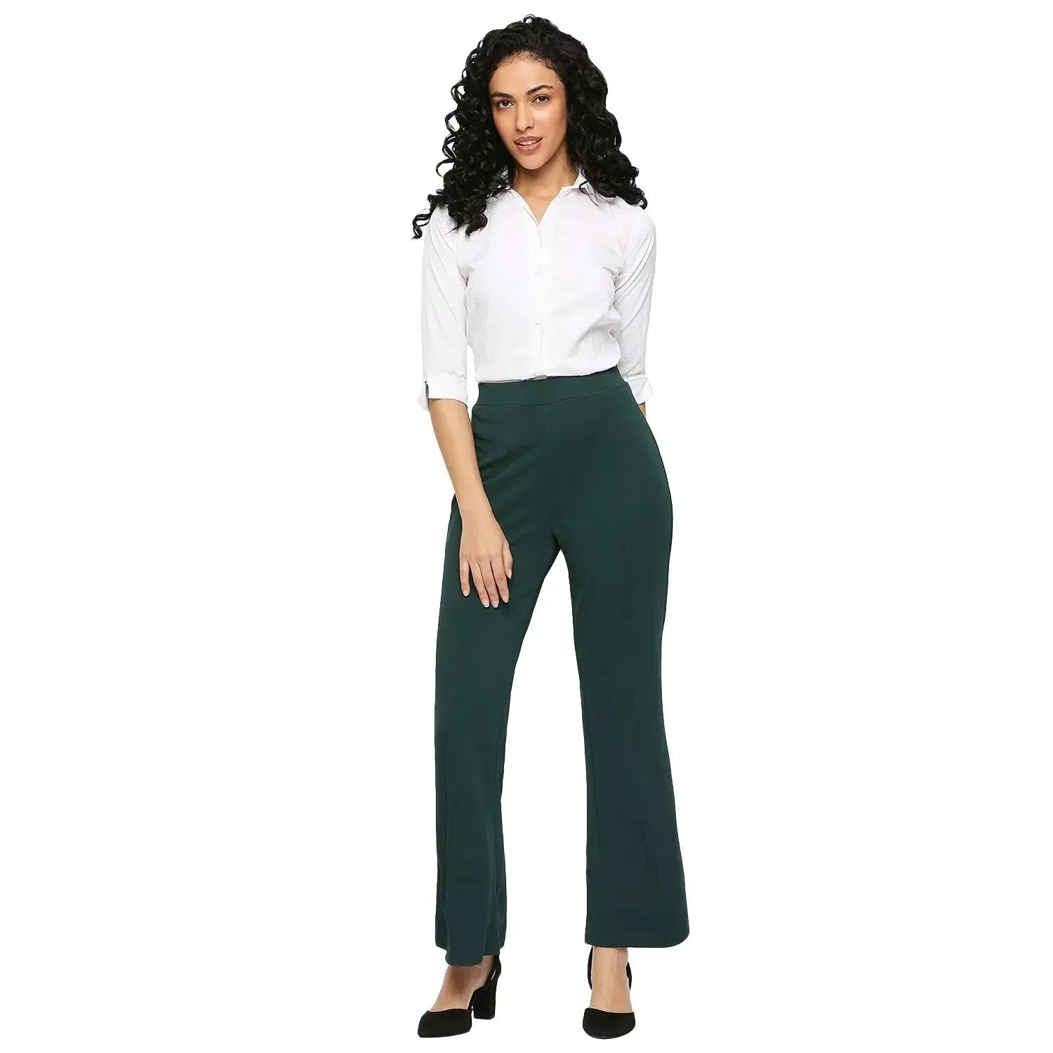 Smarty Pants Women's Ployester Lycra Bell Bottom Bottle Green Formal Trouser Trousers Hiking Durable