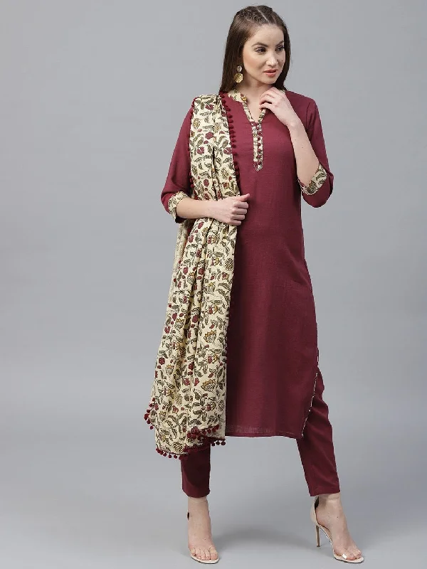 Women's  Maroon Solid Kurta with Trousers & Dupatta - AKS Chinos Cotton Straight Leg