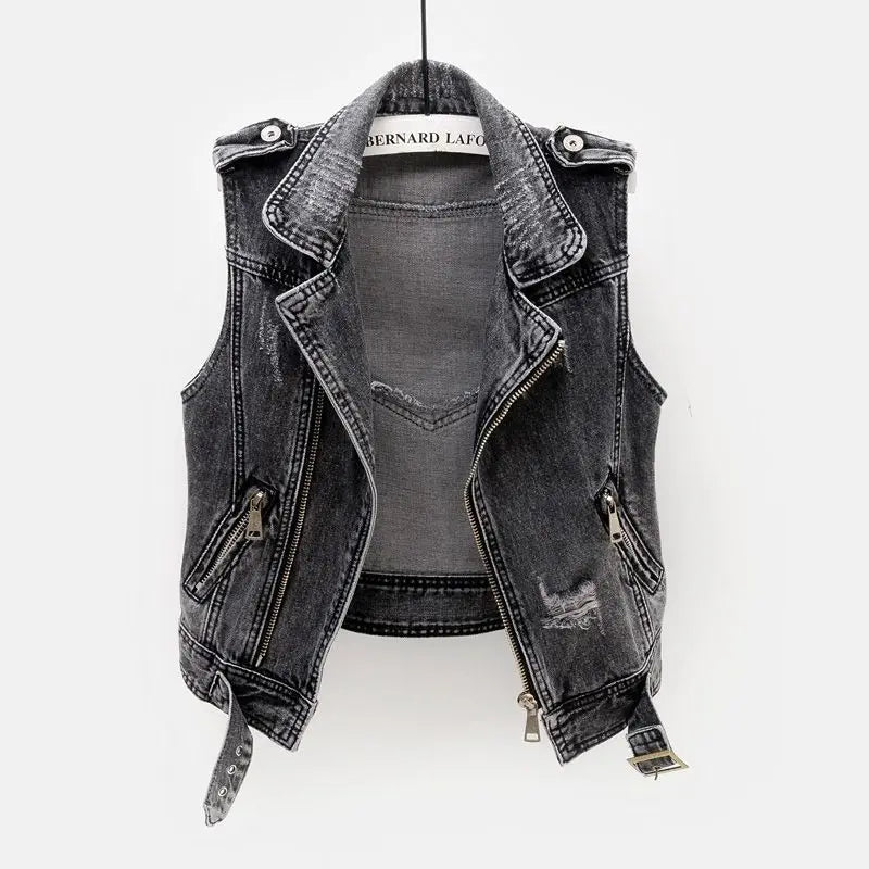 Black Denim Sleeveless Jacket Grunge Ripped Vest Welt Pockets Slit Pockets Flap Pockets