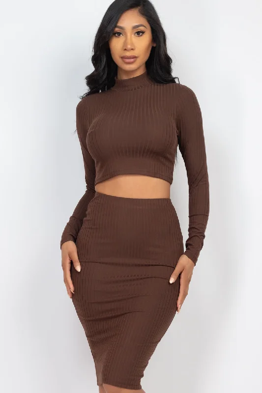 Ribbed Crop Top with Mock Neck and Midi Skirt Ensemble Wool Fabric Cashmere Fabric Tweed Fabric