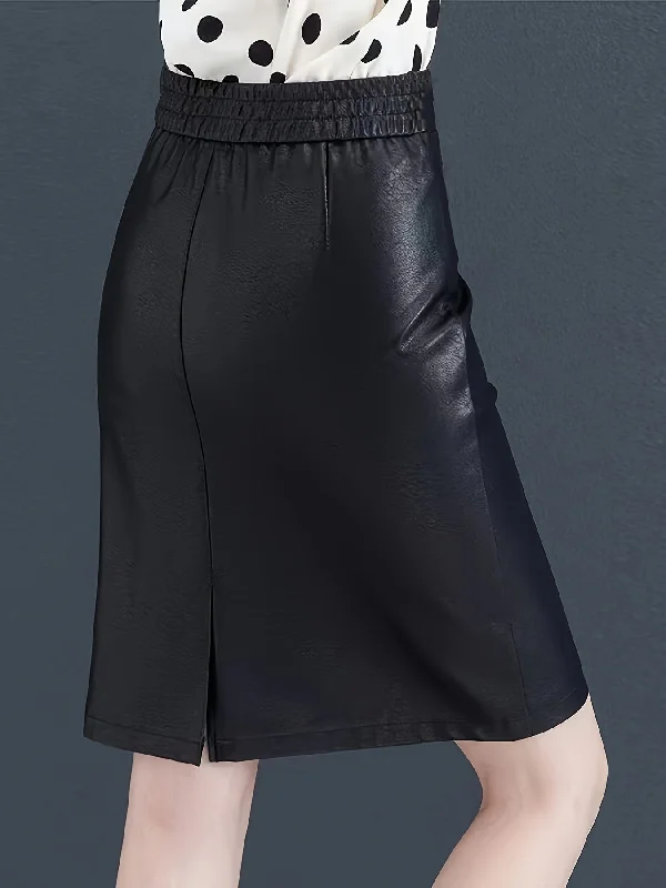 Women's High Waist PU Leather Skirt, Casual Style Knee-Length with Slight Stretch, Solid Color, Regular Fit, Non-Textile Coating, Fake Pockets Detail, Slit, Suitable for Spring/Summer/Fall silk skirt sleek