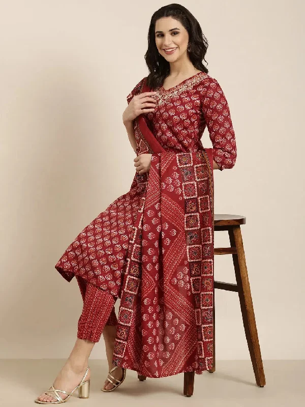 Women Straight Maroon Ethnic Motifs Kurta and Trousers Set Comes With Dupatta-AT-A1390-KPD-Maroon Trousers Bestseller Popular