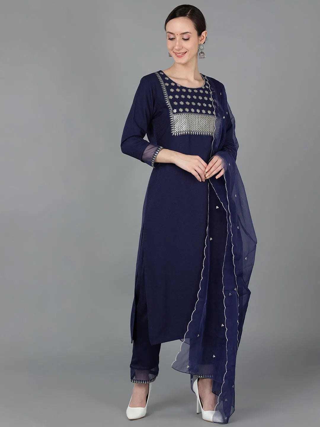 Ahika Women Blue Poly Silk Kurta Trousers With Dupatta 1 Trousers Office Stylish