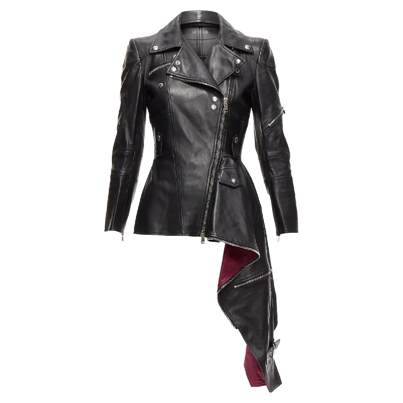 Alexander Mcqueen Leather Zip Asymmetric Hem Biker Jacket Fitted Jacket Loose Jacket Oversized Jacket