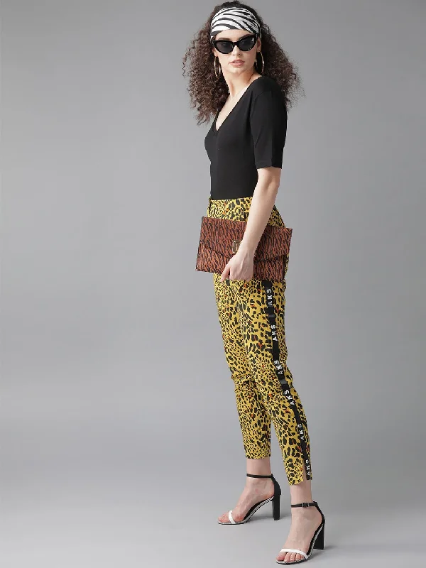 Women's Yellow Animal Print Cigarette Trouser - Aks Trousers Flared Retro