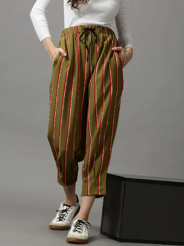 Women's Olive Striped Trouser-AE-10406-Olive Trousers Ceremony Elegant