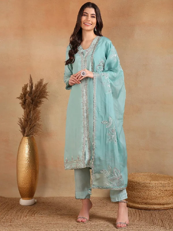 Women's Blue Silk Blend Solid Embroidered A-Line Kurta Trouser With Dupatta - Ahika Trousers practical durable