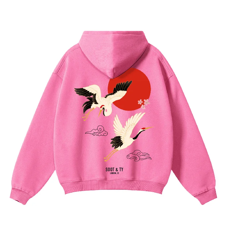 Soot and Ty Reflective Flying Cranes Print Relaxed Fit Pink Hoodie Hoodie with Zipper Placket Modern Functional