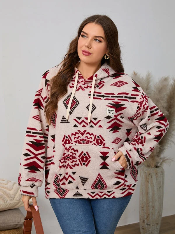 Plus Size Women's Loose Fit Casual Geometric Pattern Thick Plush Sweatshirt Jacket Welt Pockets Slit Pockets Flap Pockets