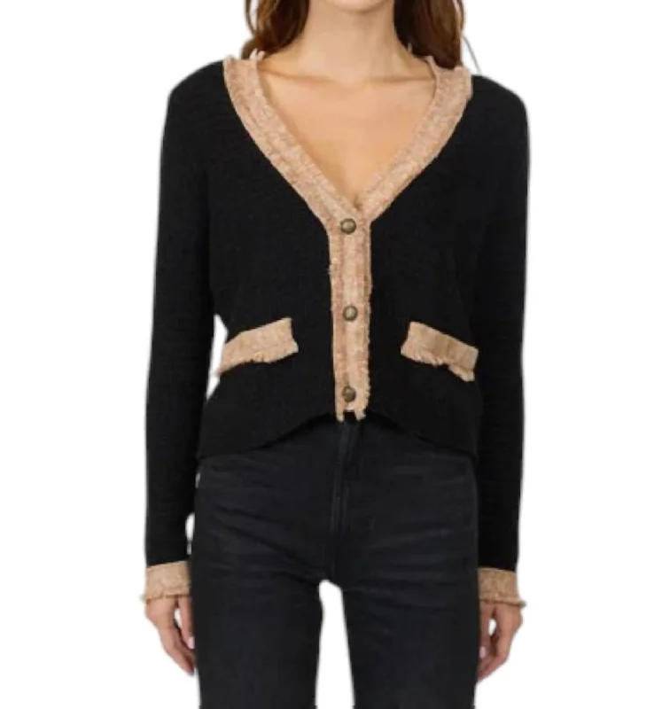 Fringe Trimmed V-Neck Jacket In Black Combo Zippered Front Buttoned Front Snap Front