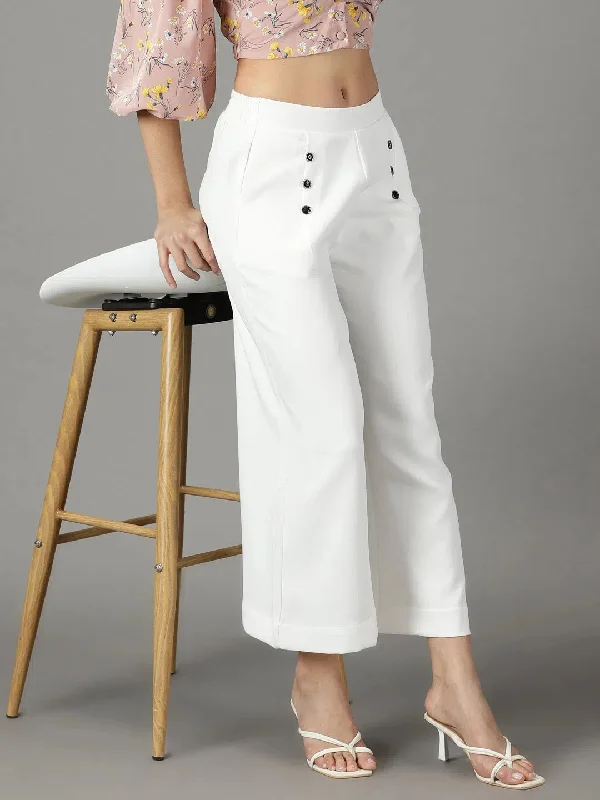 Women's White Solid Parallel Trouser-LT-KN-132-White Trousers Exclusive Limited