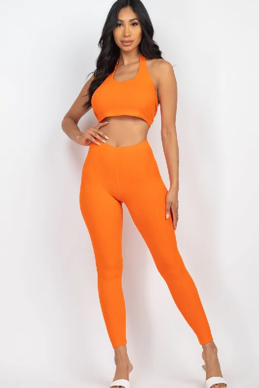 Ribbed Halter Neck Crop Top and Leggings Set with Back Tie Chenille Brocade Lace