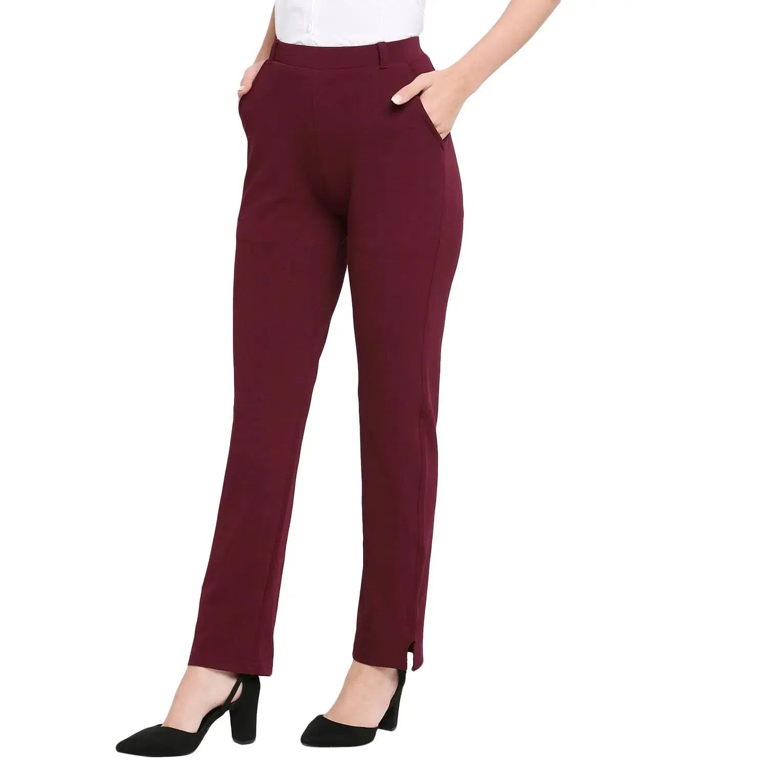 Smarty Pants Women's Cotton Lycra Straight Leg Wine Color Formal Trouser Trousers Custom Made