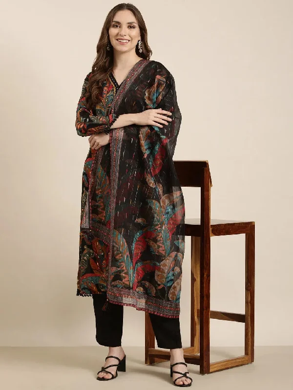 Women Straight Black Floral Kurta and Trousers Set Comes With Dupatta-GW-4554-Black Trousers cozy comfortable