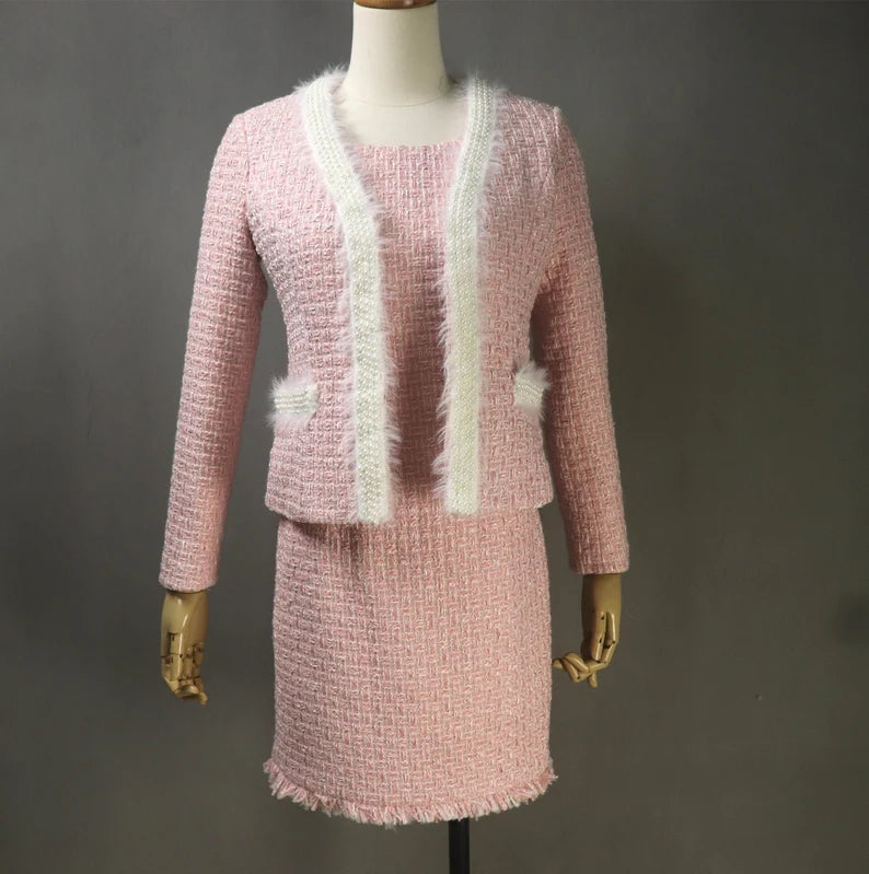 Custom Women's Suit Tweed Pearl Faux Fur Trim Jacket + Dress  Pink Suit Cotton Jacket Linen Jacket Terry Jacket