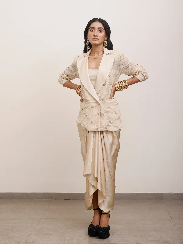 Beige Silk Draped Blazer With Crop Top and Skirt Chenille Brocade Lace