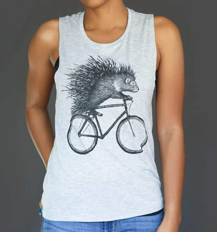 Porcupine on a Bicycle Women's Muscle Tank Top ivory tank top