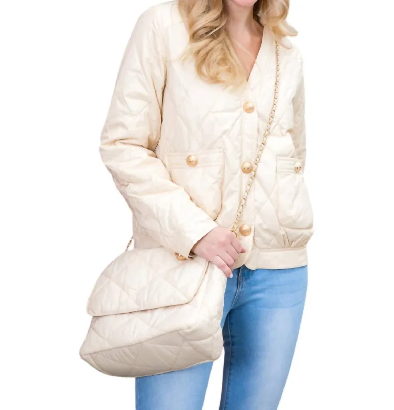 Johya Puff Jacket Matching Crossbody Bag In Beige Welt Pockets Slit Pockets Flap Pockets