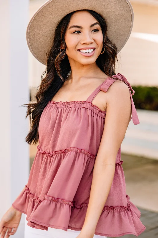 All I've Dreamed Of Mauve Pink Ruffled Tank silver tank top