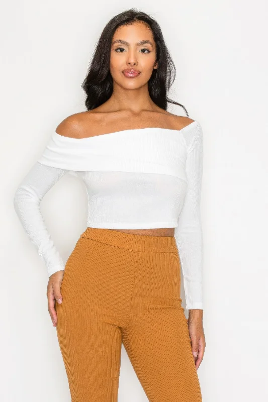 Bardot ribbed long sleeve crop top Front Pockets Side Pockets Patch Pockets