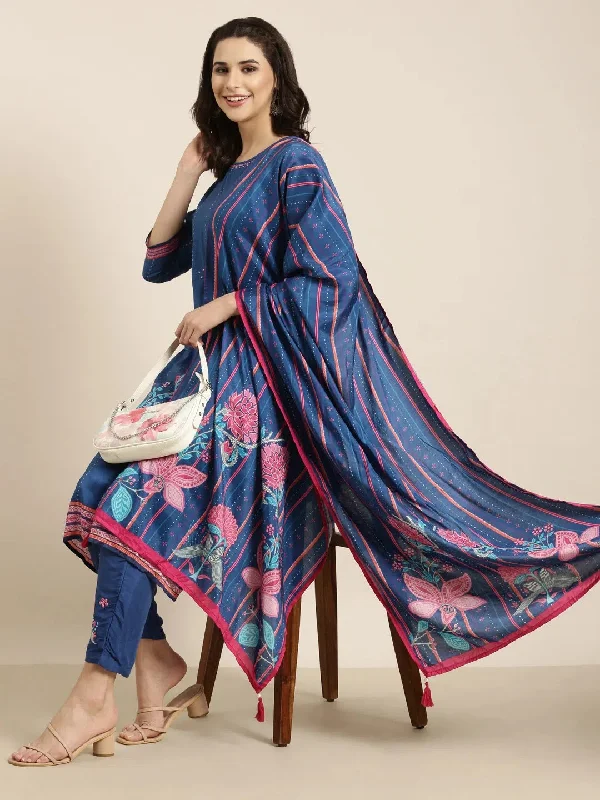 Women Straight Blue Floral Kurta and Trousers Set Comes With Dupatta-UB-3144-Blue Cropped Trousers Casual Linen