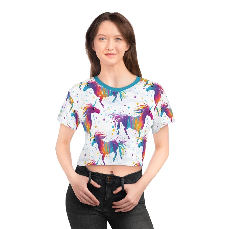 Rainbow Unicorn Princess Crop Top Tee Zippered Front Buttoned Front Snap Front