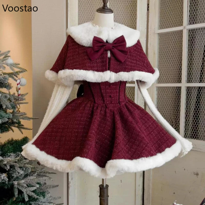 Advbridge Japanese Sweet Lolita Dress Set Women Kawaii Bow Plush Shawl Short Jackets Party Mini Dress Suit Christmas New Year 3 Piece Set Collared Jacket Crew Neck Jacket Turtle Neck Jacket