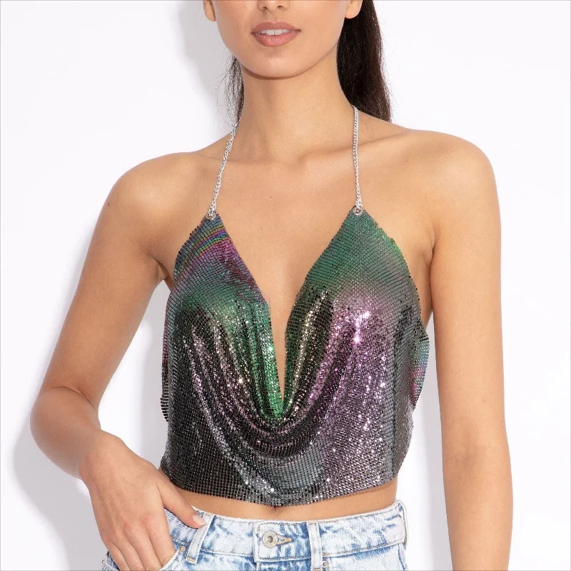 SHIHAN Shinning Metal Chain Crop Top Summer Beach Backless Metallic Mesh Halter Sexy Tops Party Women Tank Top Sequins Terry Blend Velvet Blend Canvas Blend