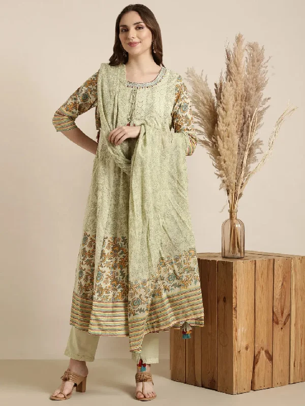 Women Anarkali Green Ethnic Motifs Kurta and Trousers Set Comes With Dupatta-RJF-2175-Green Trousers sophisticated sleek