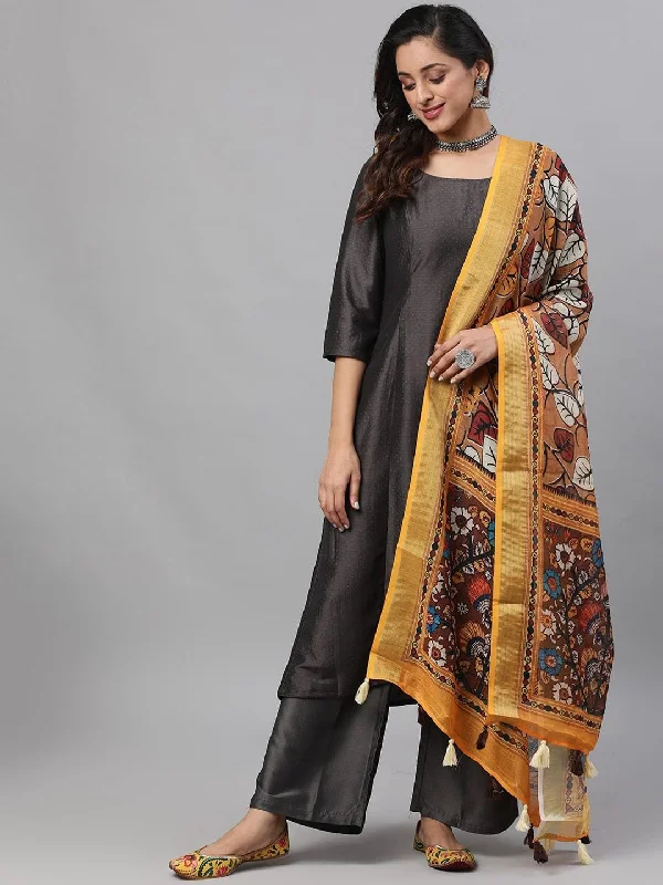 Women's  Black & Mustard Yellow Self Design Kurta with Trousers & Dupatta - AKS Trousers versatile functional